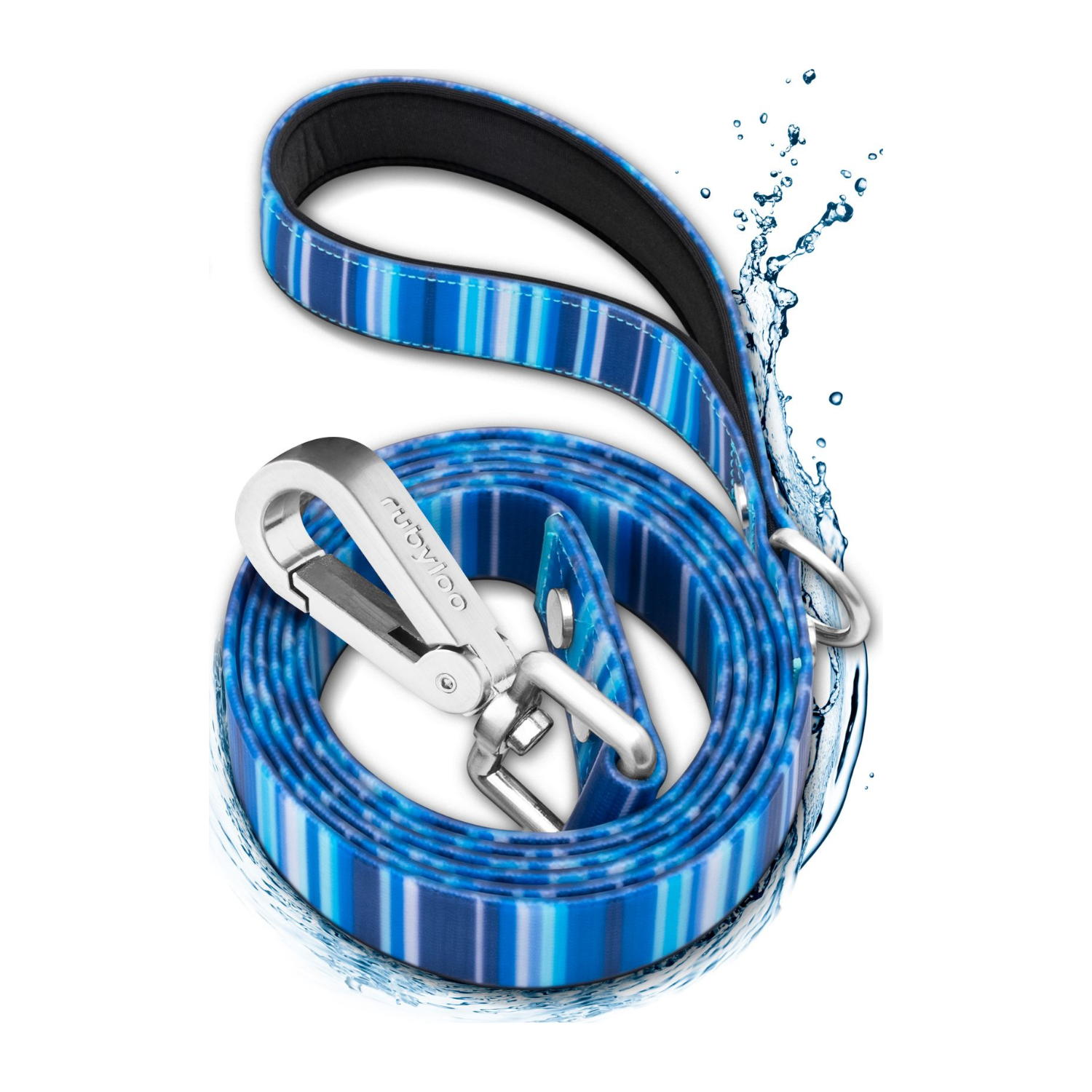 Blue striped dog leash with silver clasp on a white background