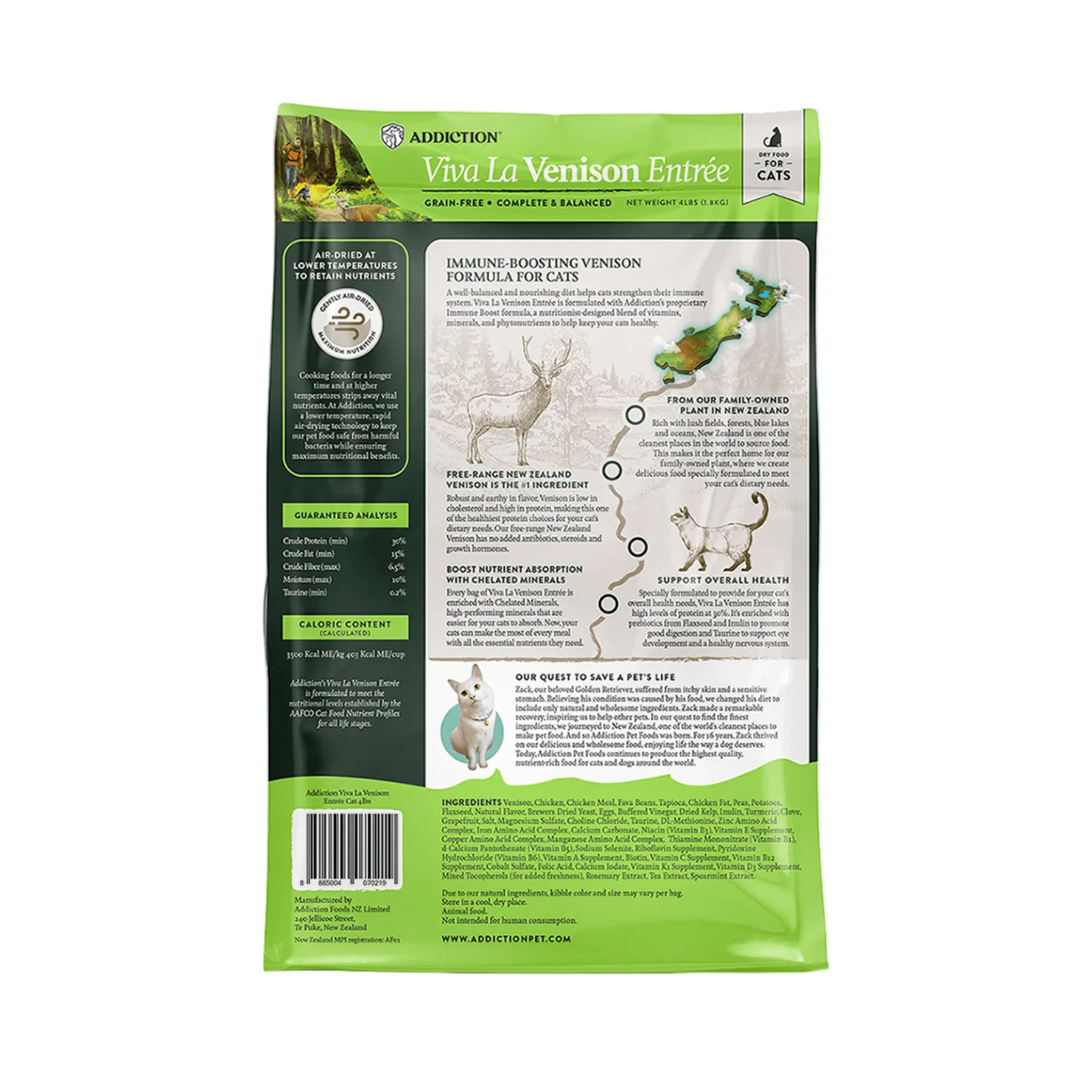 Cat food package with green and white design on a white background