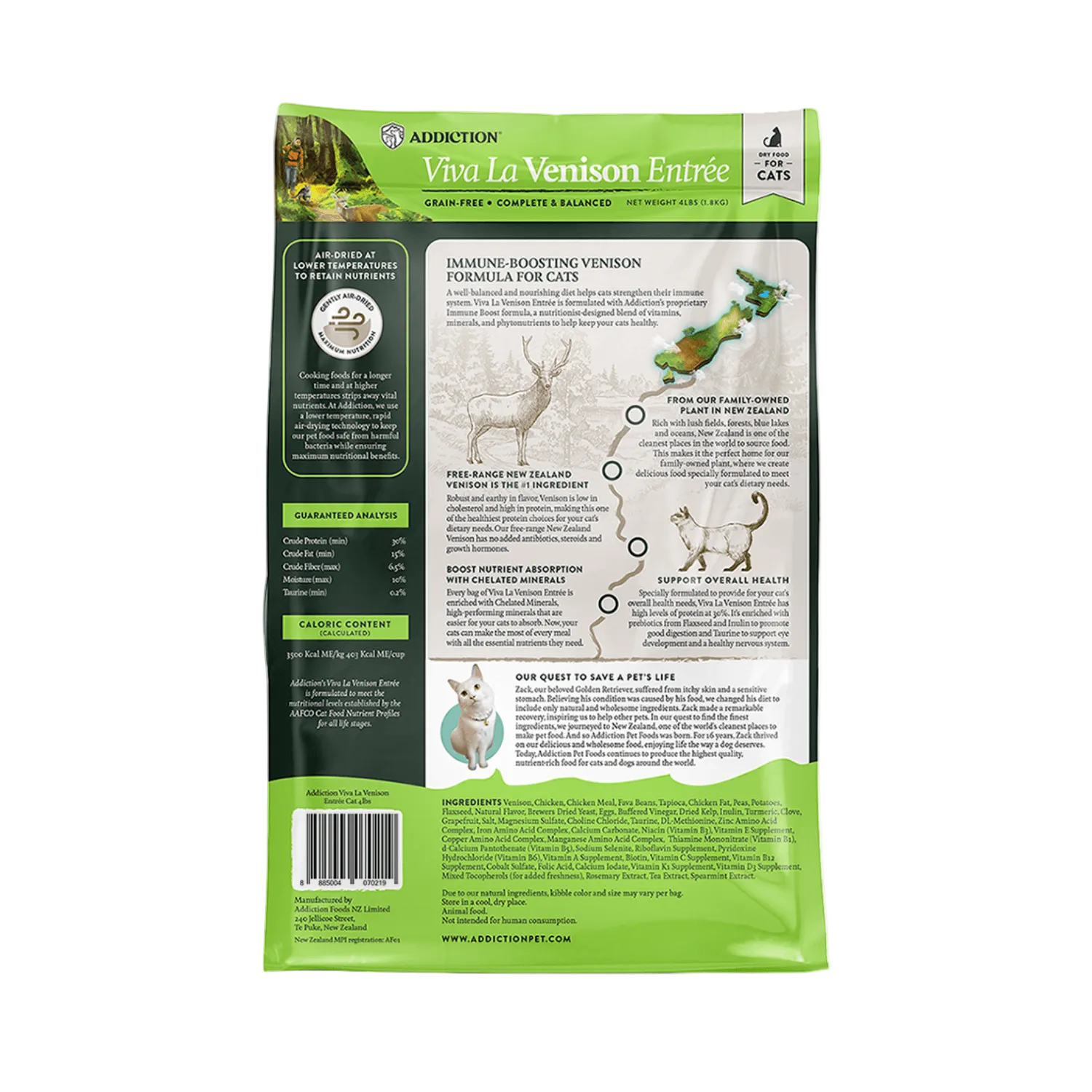 Cat food package with green and white design on a white background