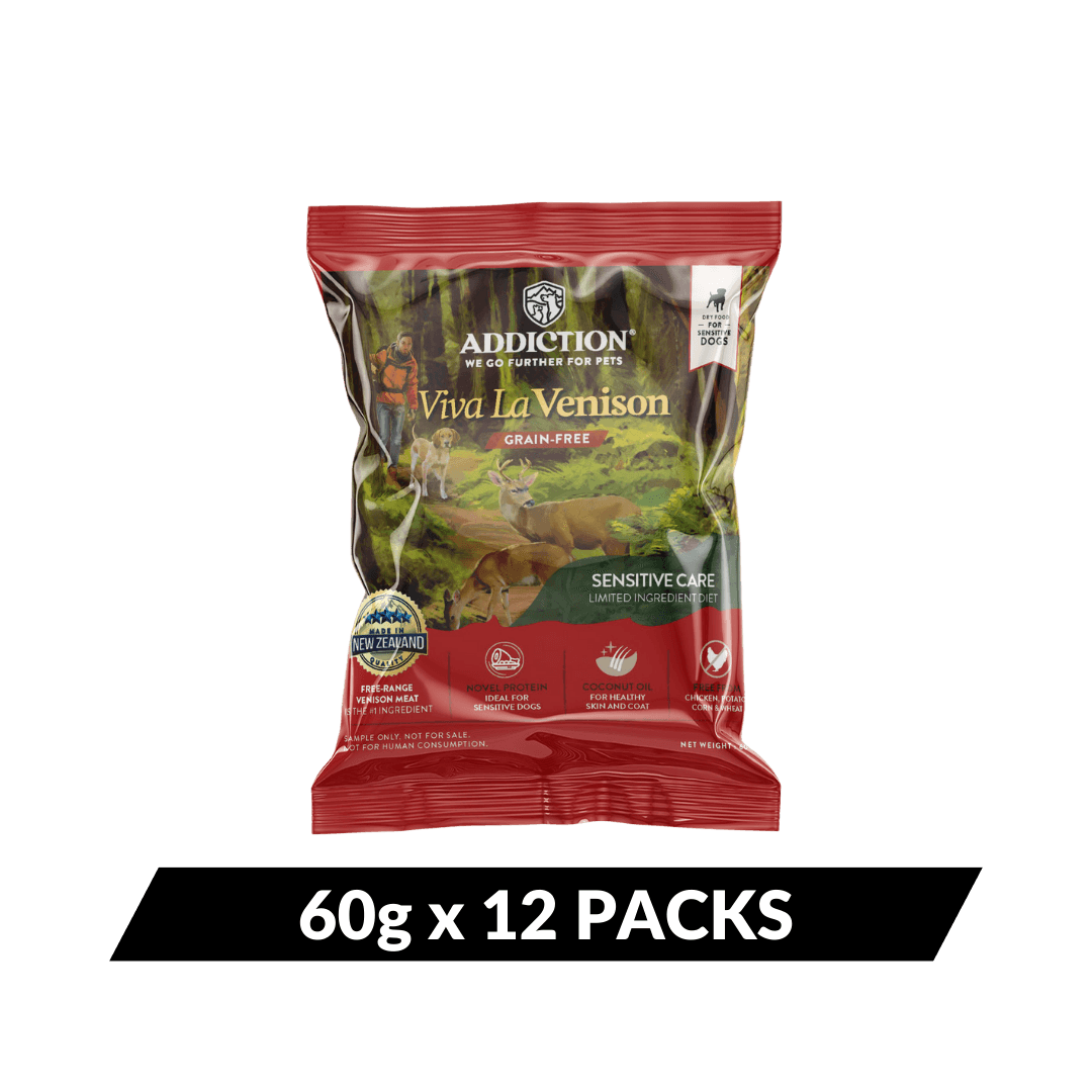 Packaging of Addiction Viva La Venison dog food on a solid background