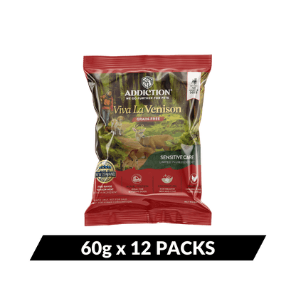 Packaging of Addiction Viva La Venison dog food on a solid background