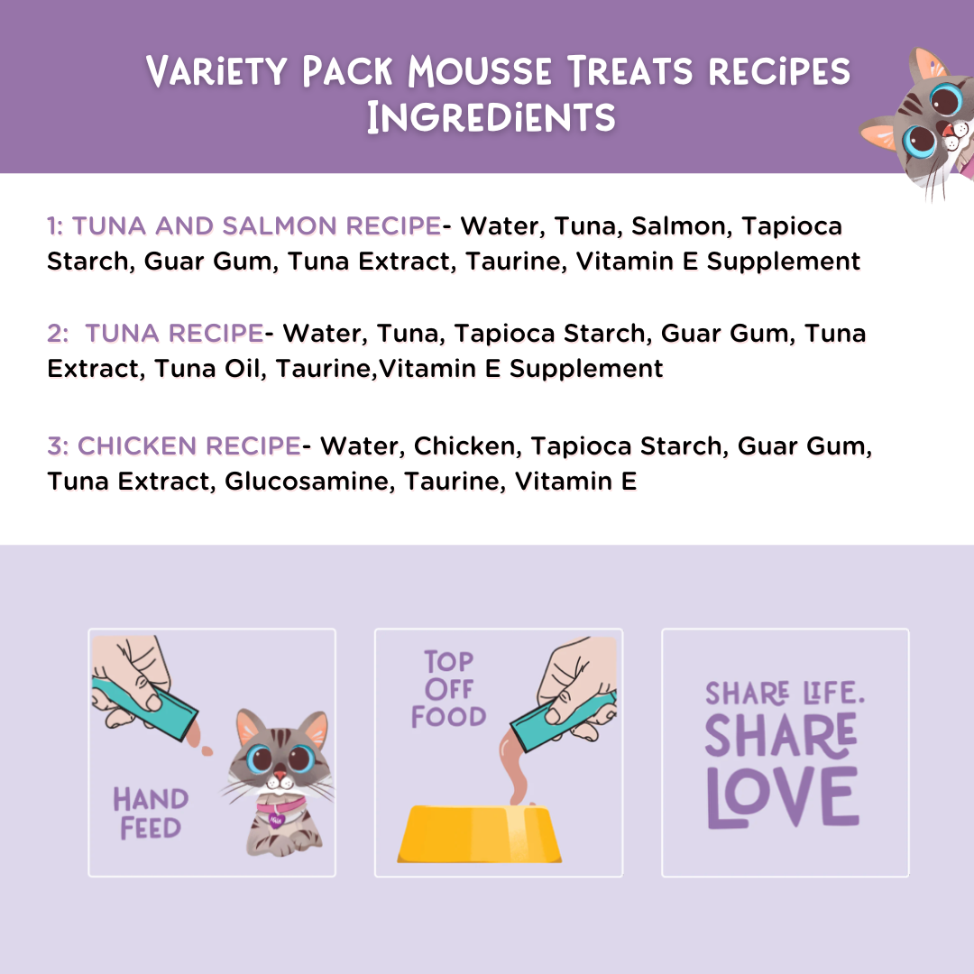 Ingredients list for variety pack mousse treats with illustrations and text on a purple background