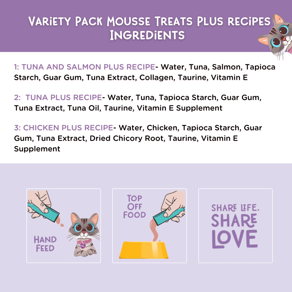 Ingredients list for variety pack mousse treats with illustrations and text on a purple background.