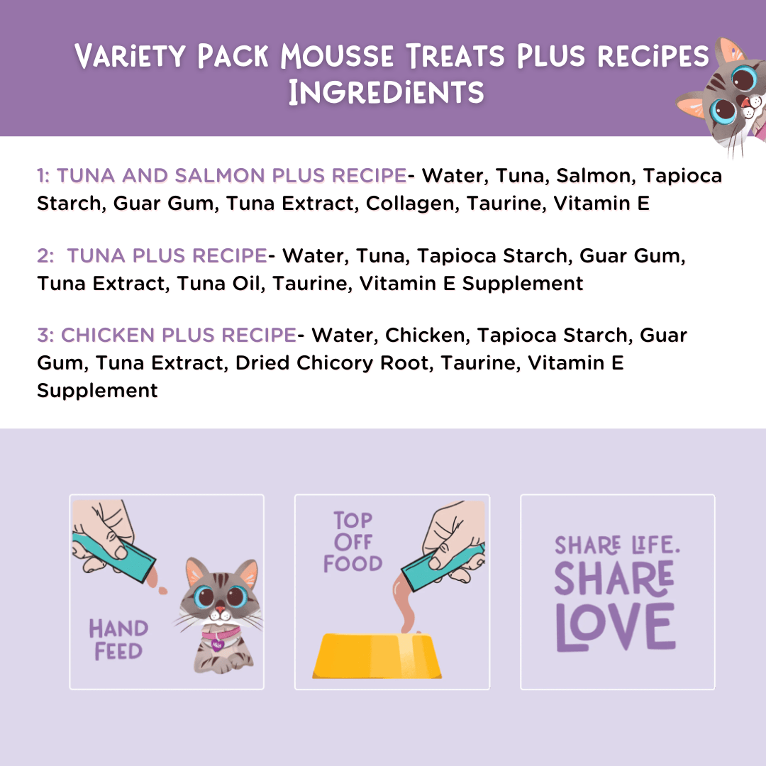 Ingredients list for variety pack mousse treats with illustrations and text on a purple background.
