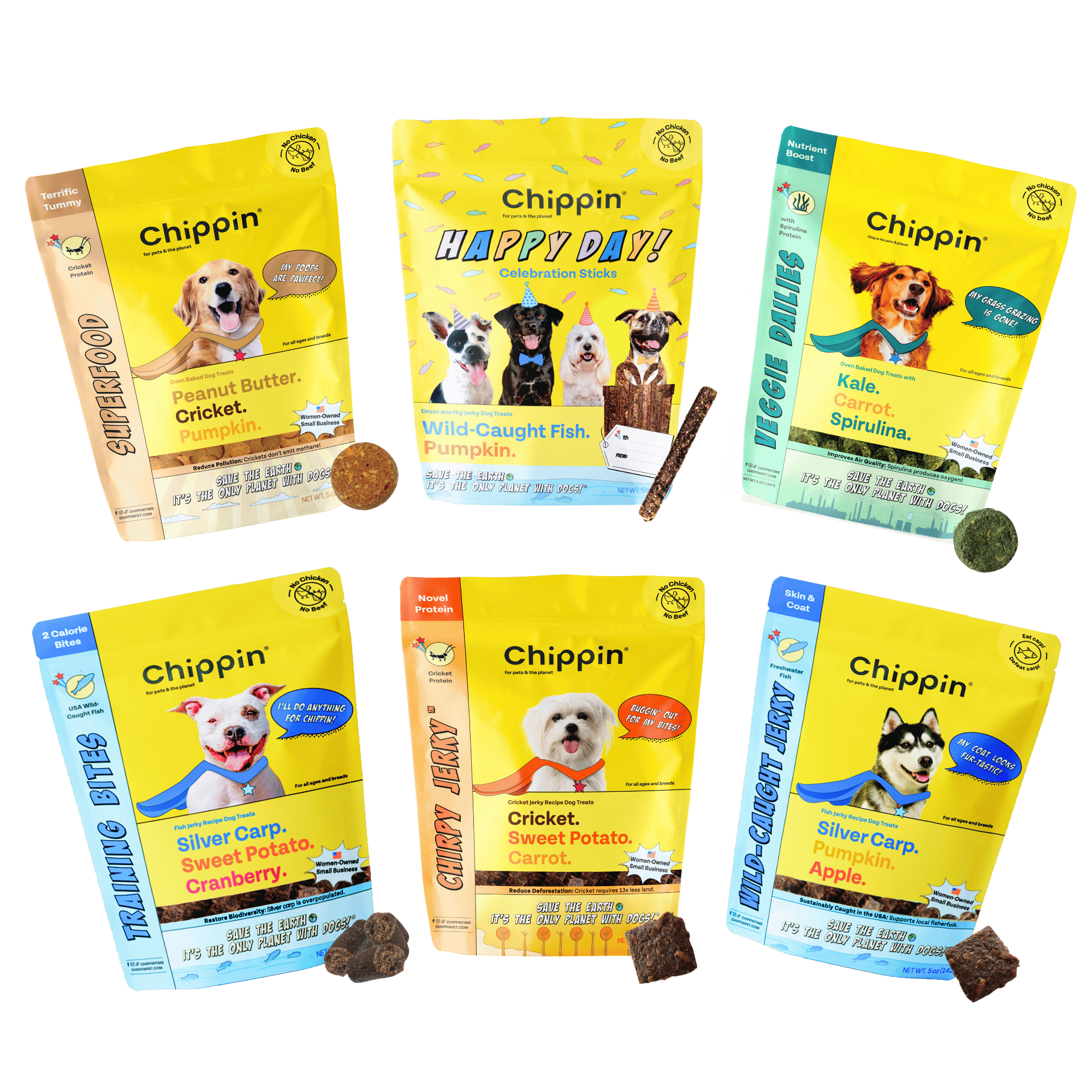 Collection of Chippin dog food packages on a white background