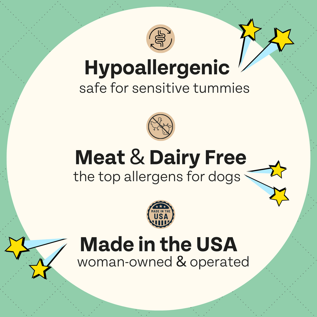 Product label highlighting hypoallergenic, meat & dairy free, and made in the USA features on a green background.