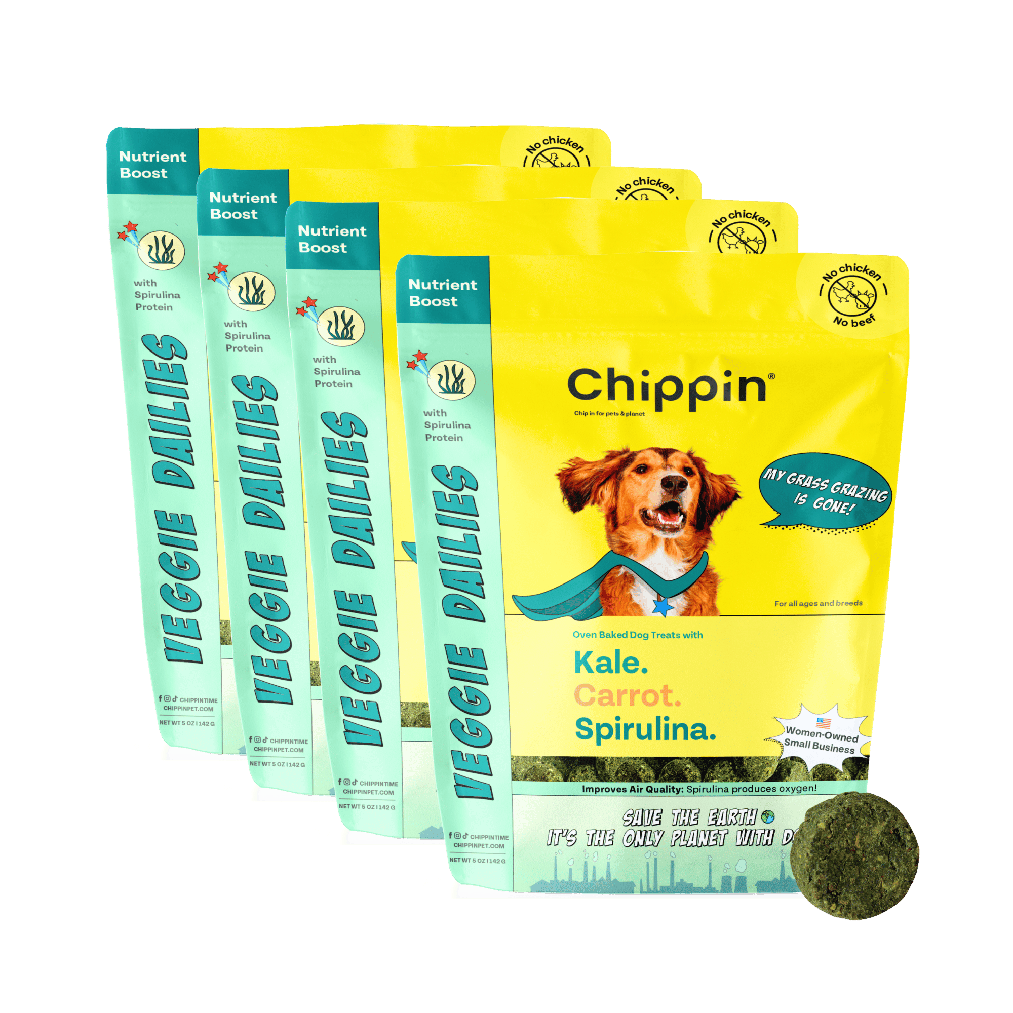 Chippin dog treat packages with a green background