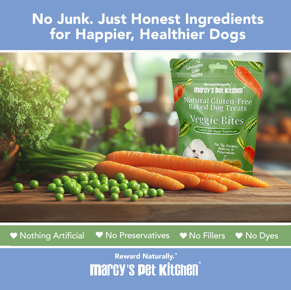 Marcy's Pet Kitchen Veggie Bites dog treat package with fresh vegetables on a wooden table.