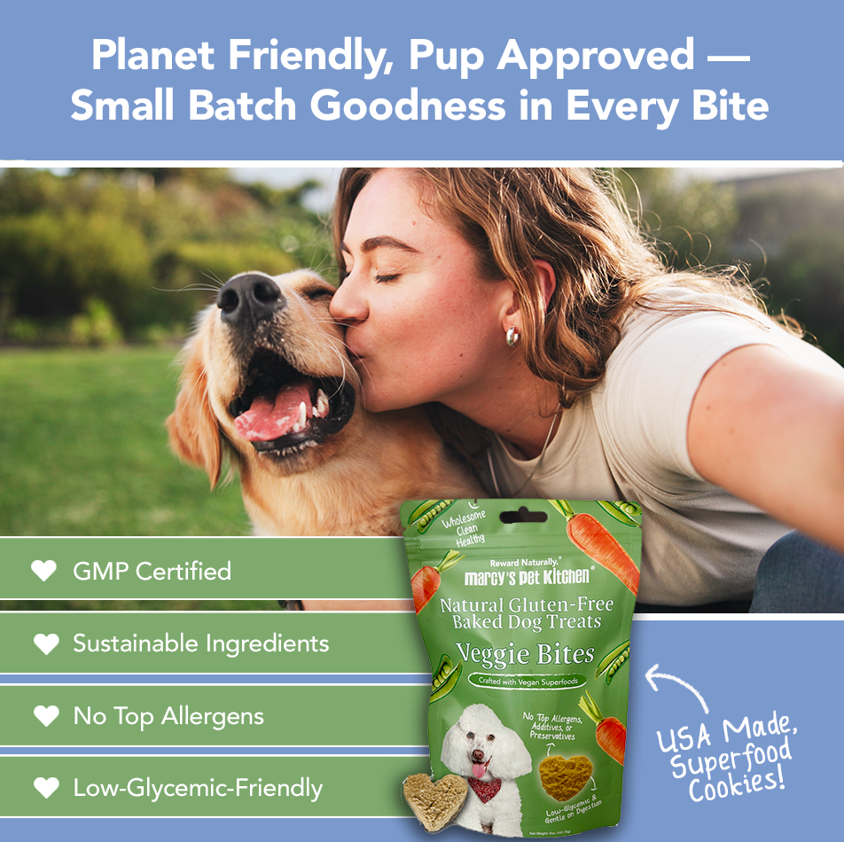 Woman kissing a dog with a package of dog treats and text about product features.