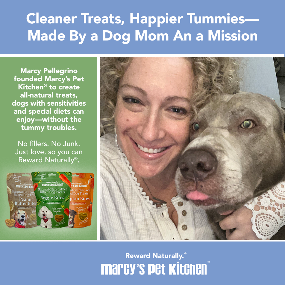 Advertisement for Marcy's Pet Kitchen with a woman and her dog, featuring their products.