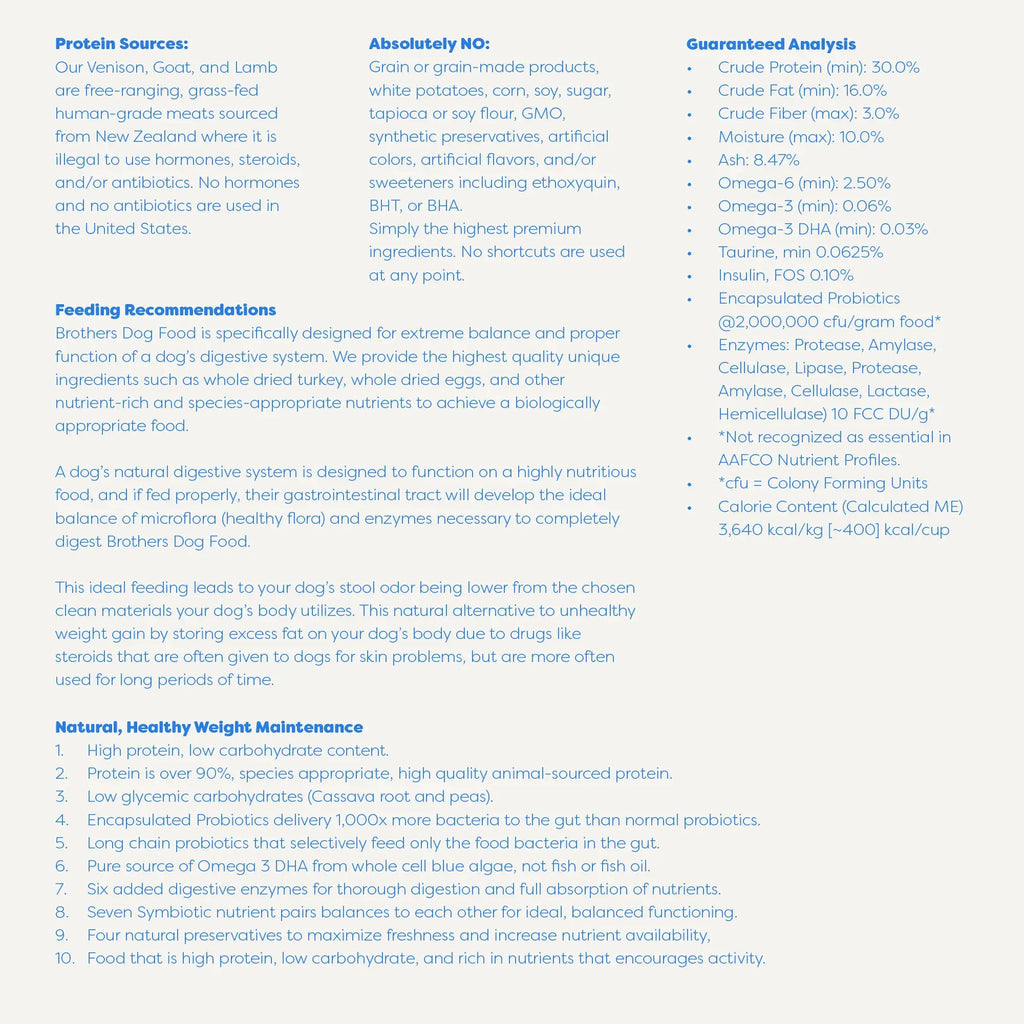 Brother's Dog Food label with text on protein sources, feeding recommendations, and guaranteed analysis.