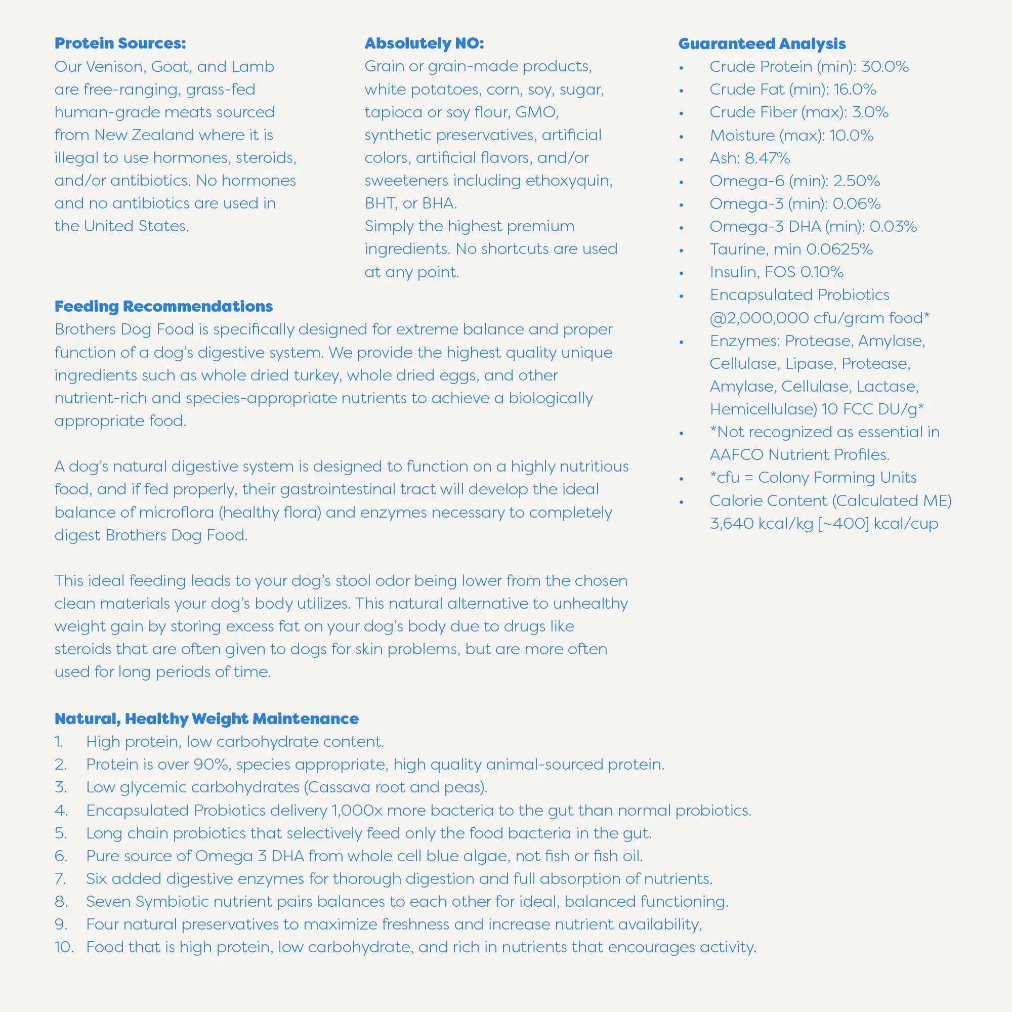 Brother's Dog Food label with text on protein sources, feeding recommendations, and guaranteed analysis.