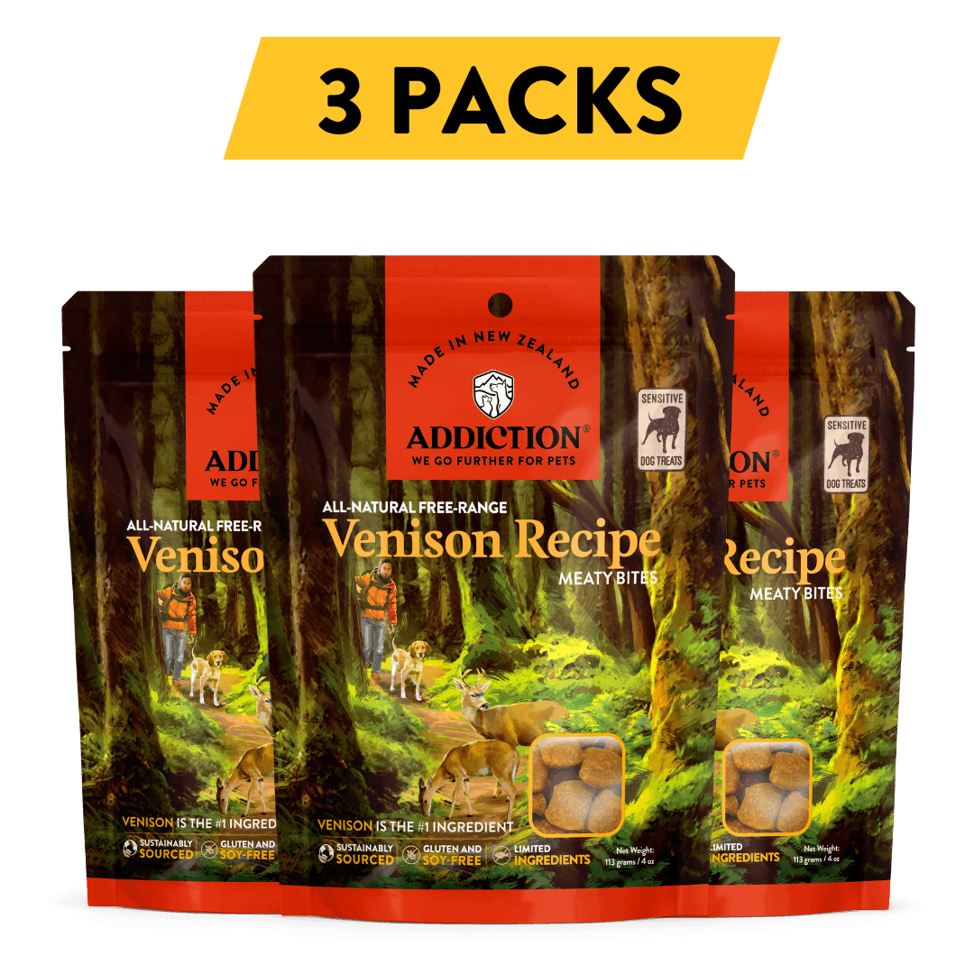 Three packs of Addiction Venison Recipe meaty bites packaging with a forest design.