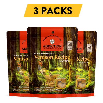 Three packs of Addiction Venison Recipe meaty bites packaging with a forest design.