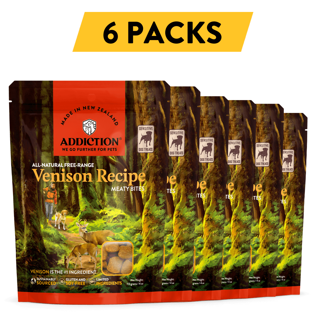 Addiction Venison Recipe dog food packages with '6 Packs' text on a dark background