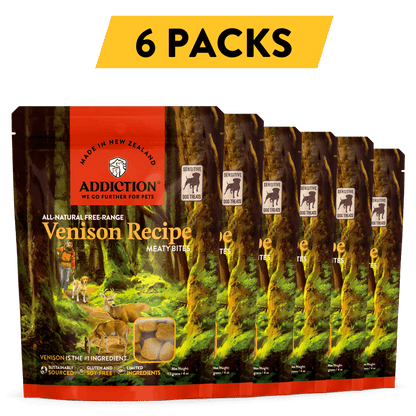 Addiction Venison Recipe dog food packages with '6 Packs' text on a dark background