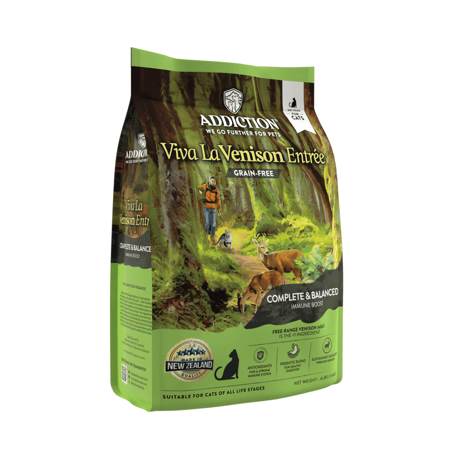 Bag of Addiction Viva La Venison Entree cat food on a green background