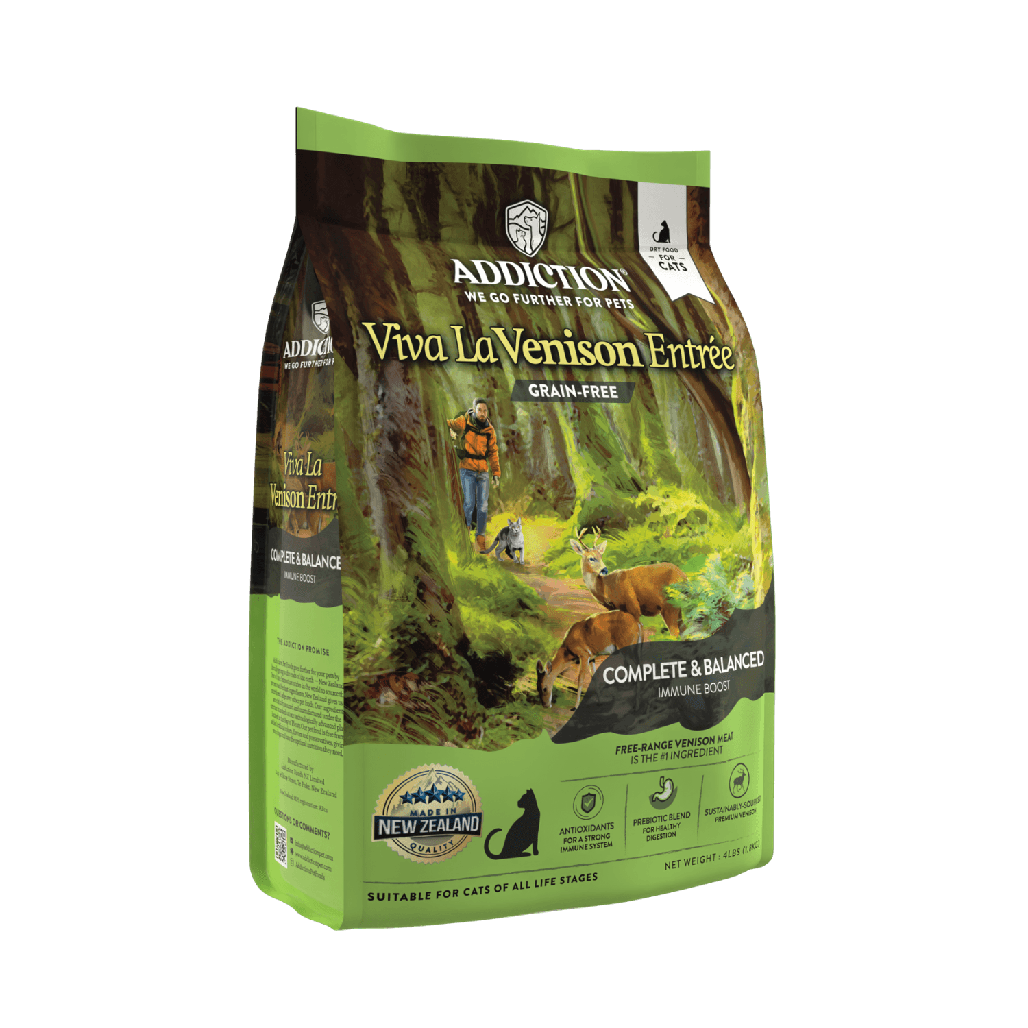 Bag of Addiction Viva La Venison Entree cat food on a green background