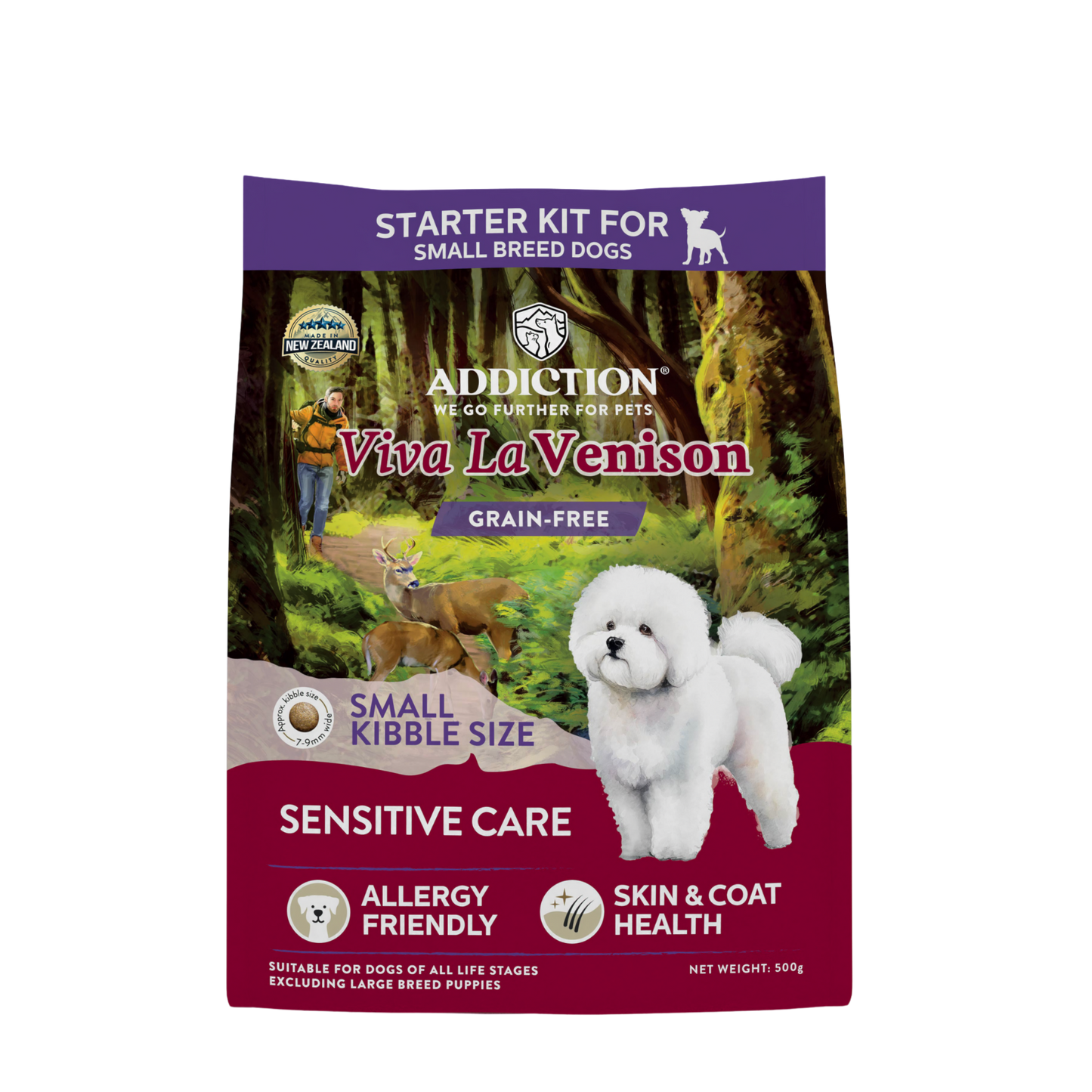 Dog food package for small breed dogs with a white dog on a purple and red background