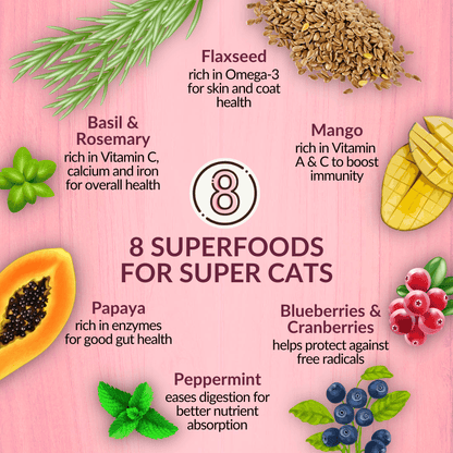 List of 8 superfoods for cats on a pink background with images of each food item.