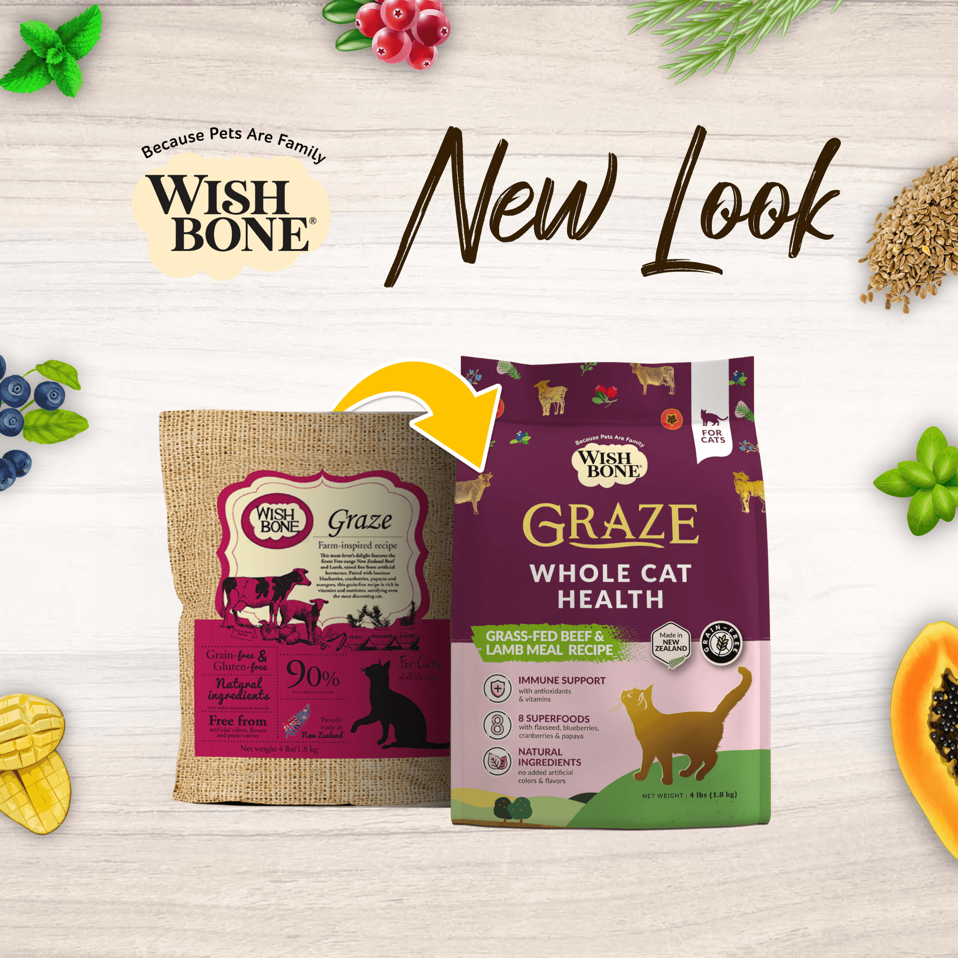 Two Wish Bone cat food packages on a wooden surface with decorative elements.