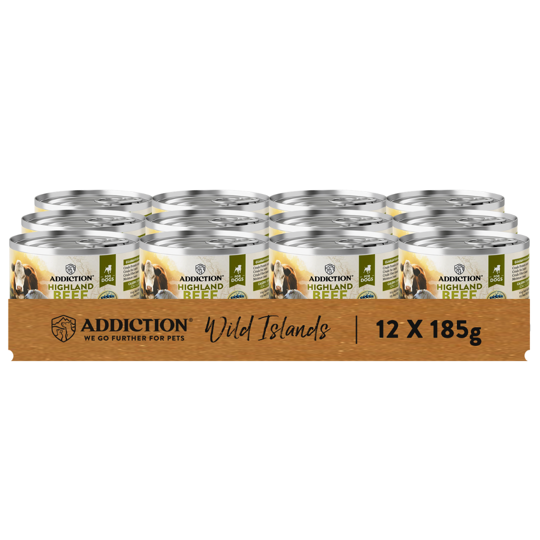 Packaging of Addiction Wild Islands pet food cans on a white background