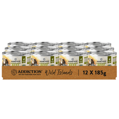 Packaging of Addiction Wild Islands pet food cans on a white background