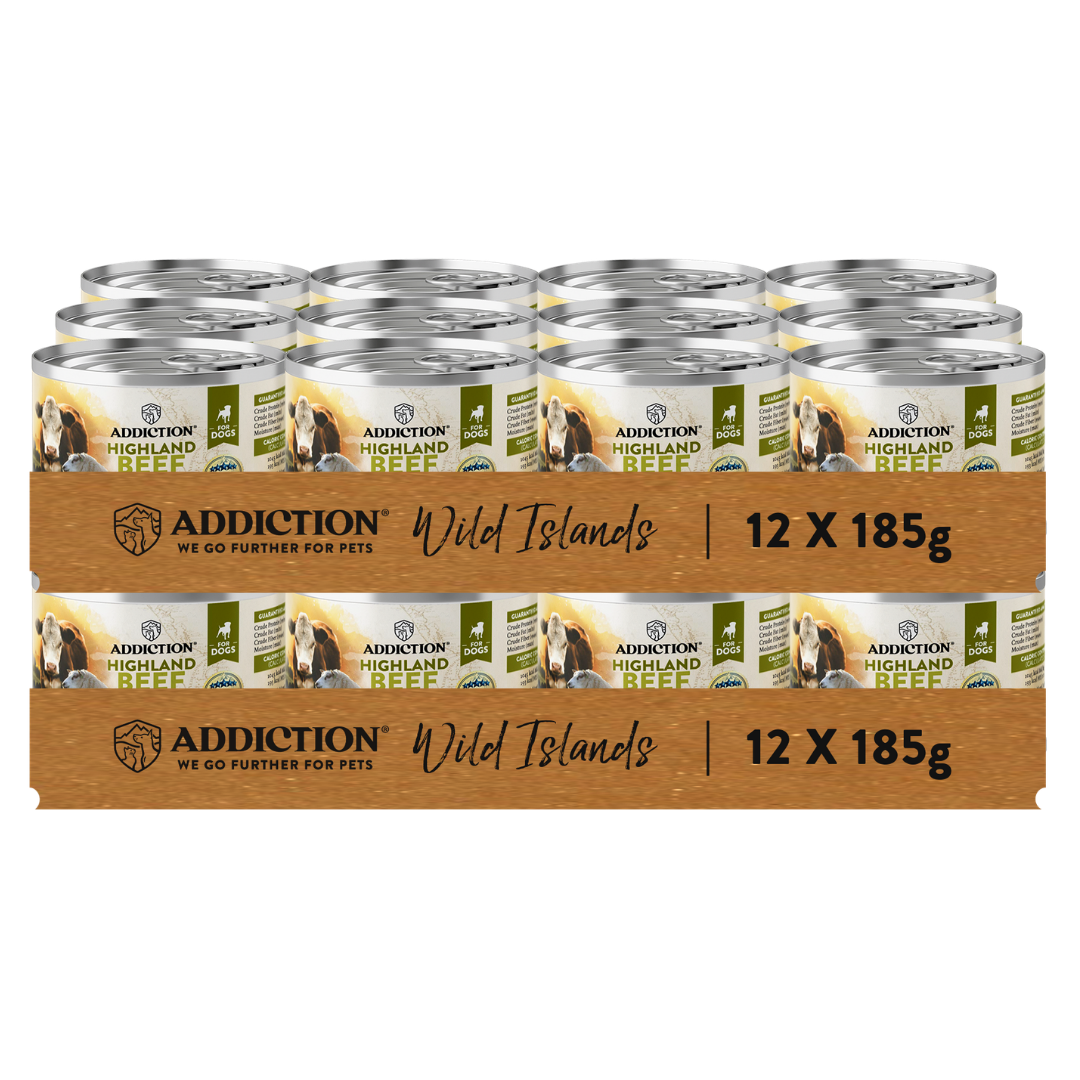 Packaging of Addiction Highland Reef pet food cans on a white background