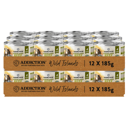 Packaging of Addiction Highland Reef pet food cans on a white background