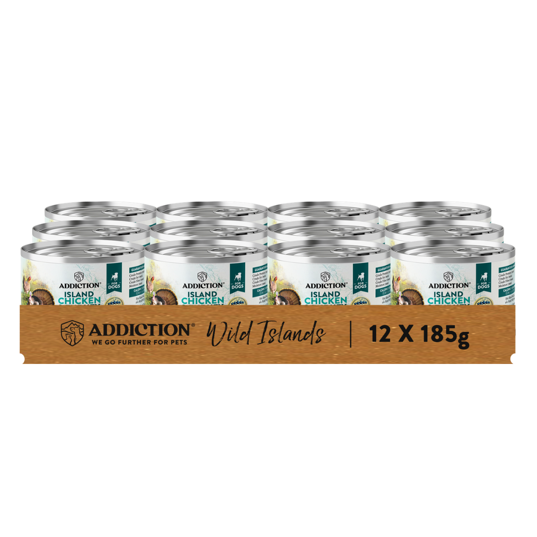 Box of Addiction Wild Islands canned pet food with 12 cans of 185g each on a white background.