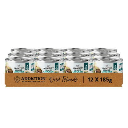Box of Addiction Wild Islands canned pet food with 12 cans of 185g each on a white background.