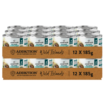 Box of Addiction Wild Islands canned pet food with multiple cans on a white background