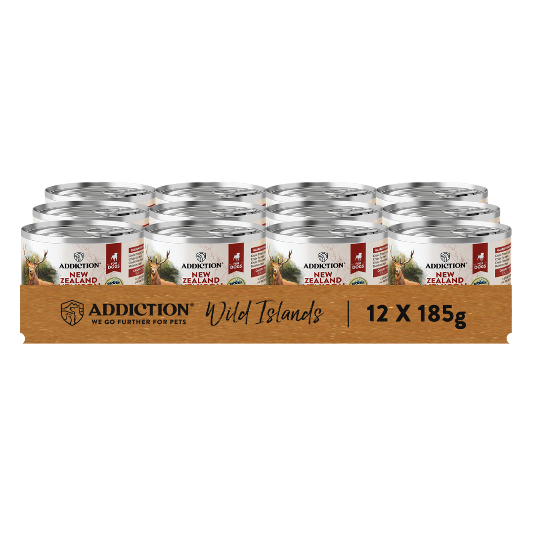 Box of Addiction New Zealand pet food cans on a white background