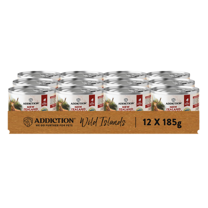 Box of Addiction New Zealand pet food cans on a white background