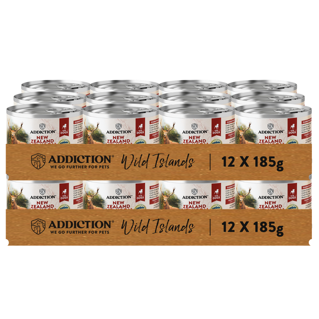 Box of Addiction New Zealand pet food cans on a white background