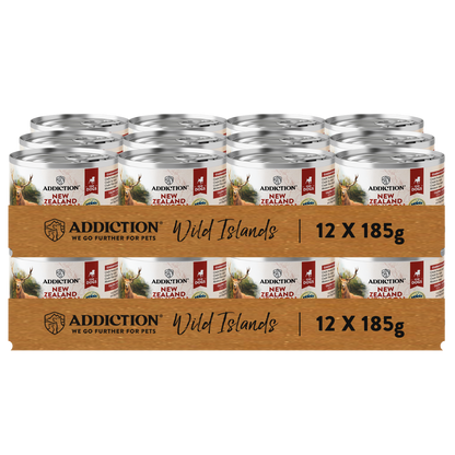 Box of Addiction New Zealand pet food cans on a white background