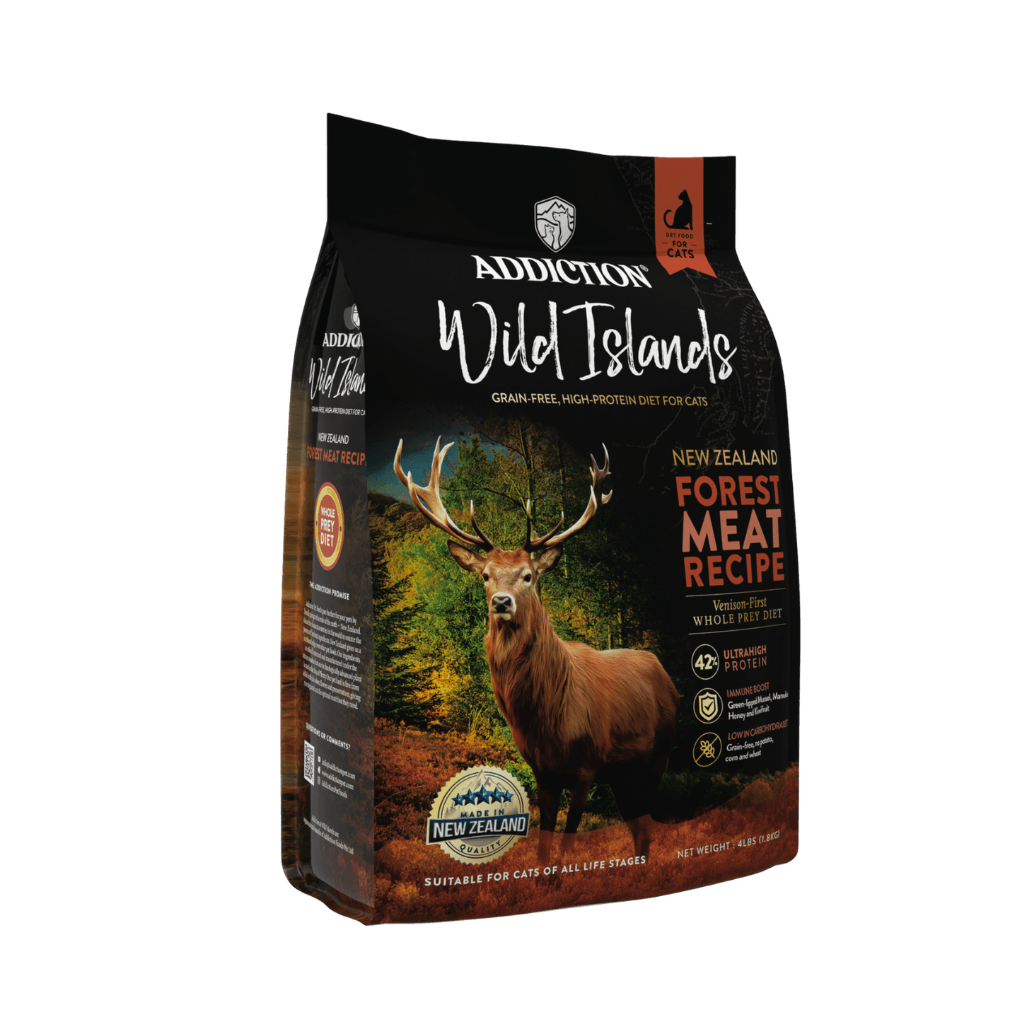 Addiction Wild Islands cat food package with a deer illustration on a dark background