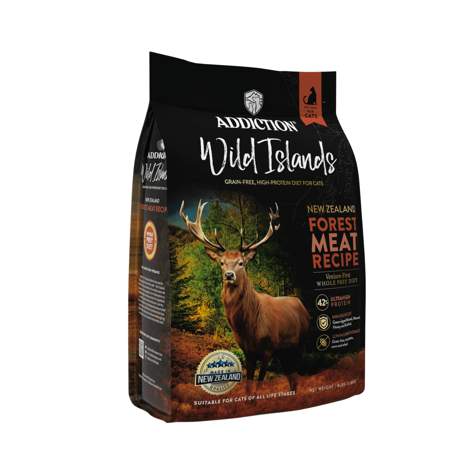 Addiction Wild Islands cat food package with a deer illustration on a dark background