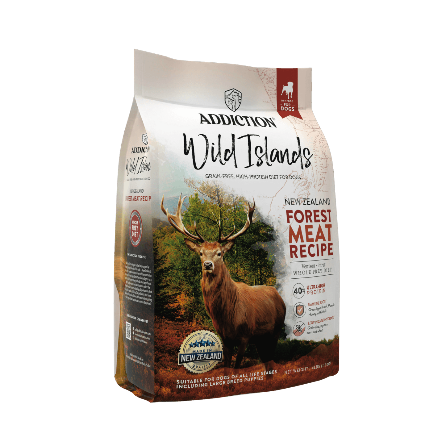 Addiction Wild Islands dog food package with a deer illustration on a gray background