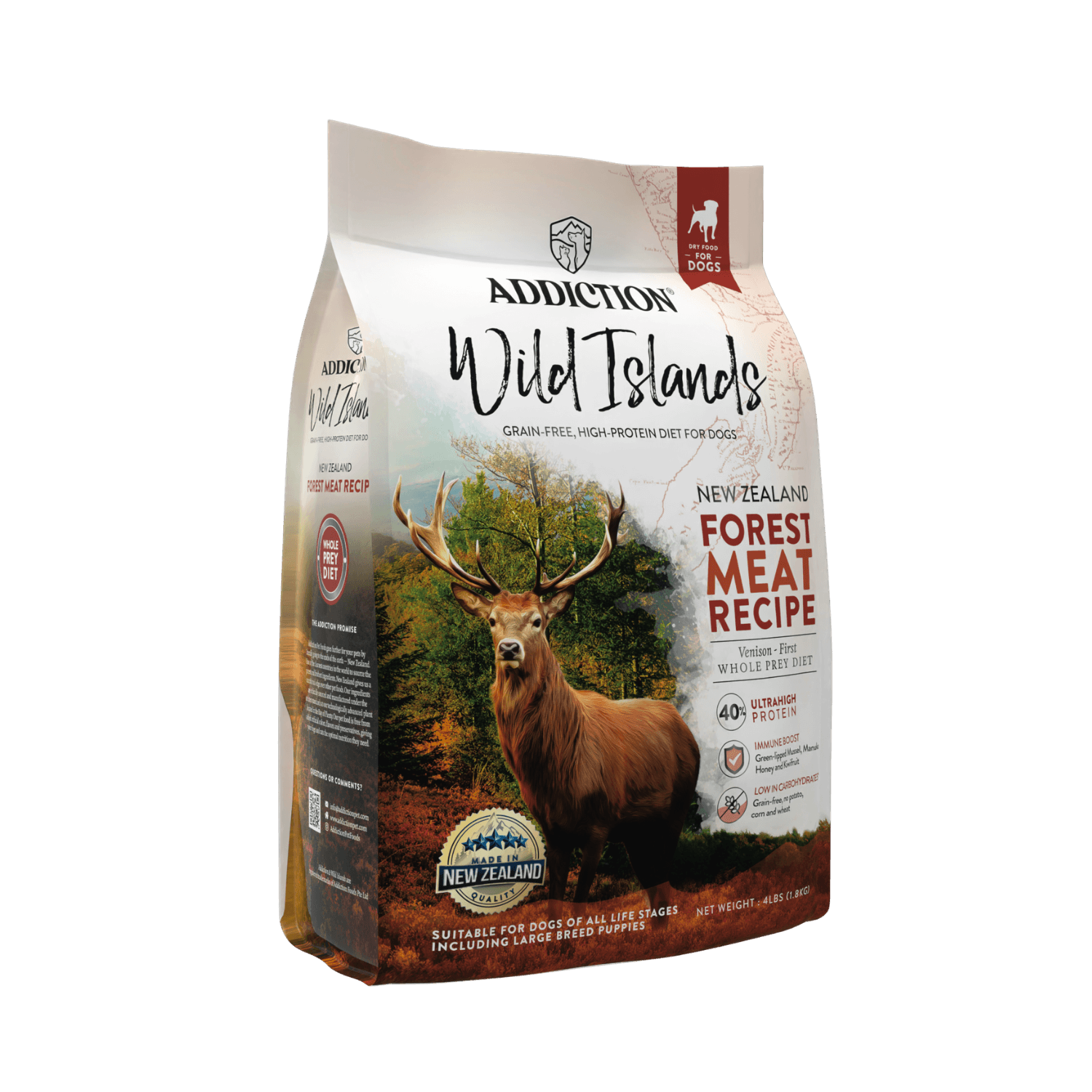 Addiction Wild Islands dog food package with a deer illustration on a gray background