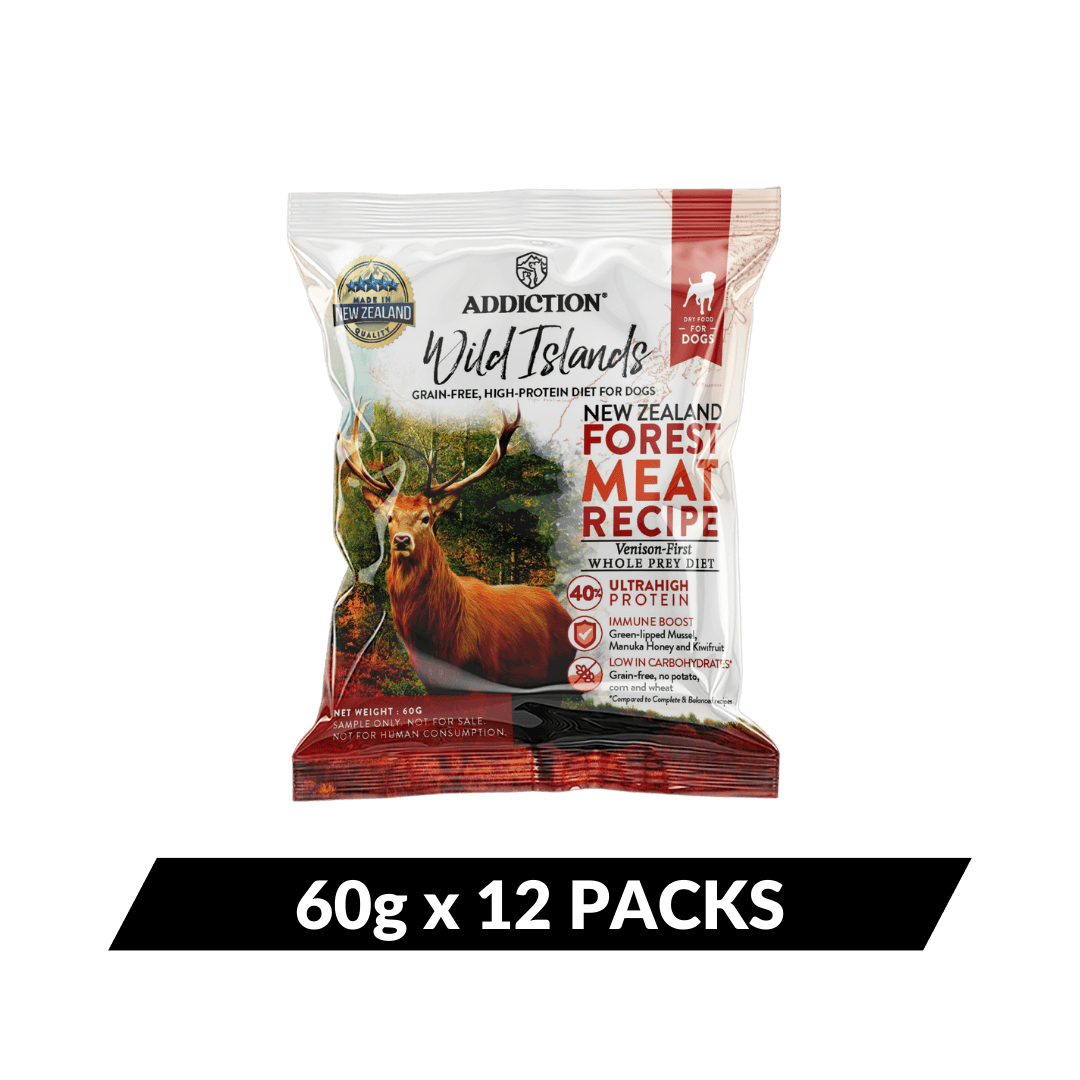 Package of Addiction Wild Islands New Zealand Forest Meat Recipe dog food on a dark green background