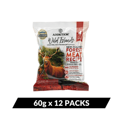 Package of Addiction Wild Islands New Zealand Forest Meat Recipe dog food on a dark green background