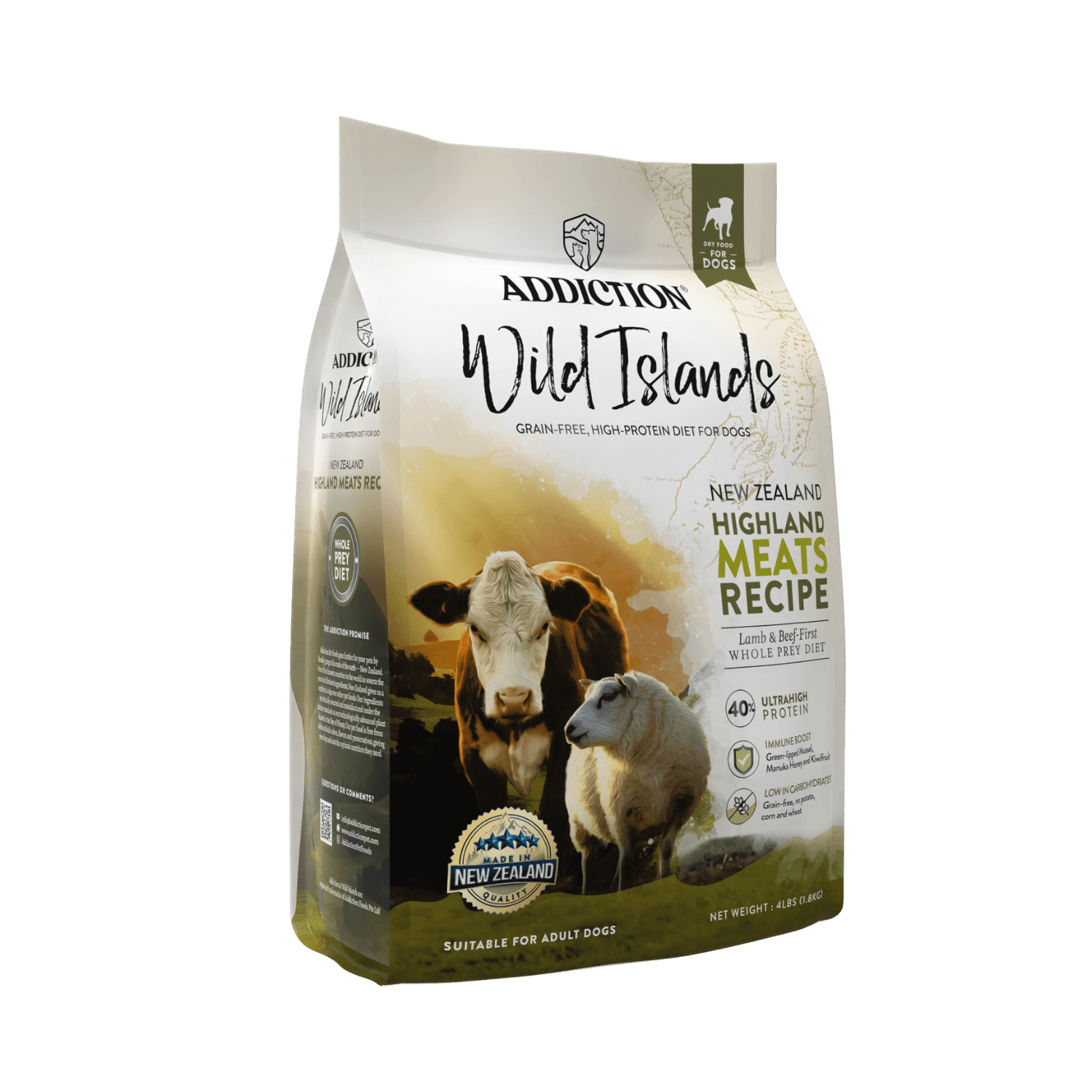 Package of Addiction Wild Islands dog food with images of a cow and sheep on a blue background