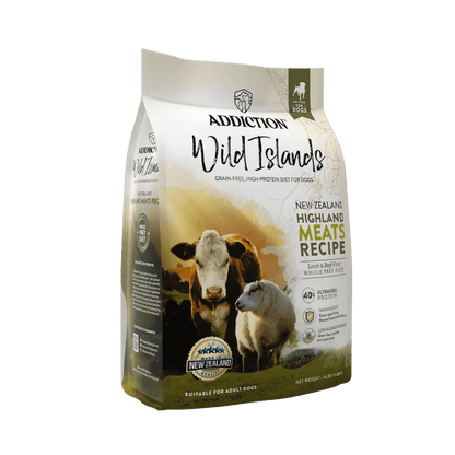 Package of Addiction Wild Islands dog food with images of a cow and sheep on a blue background