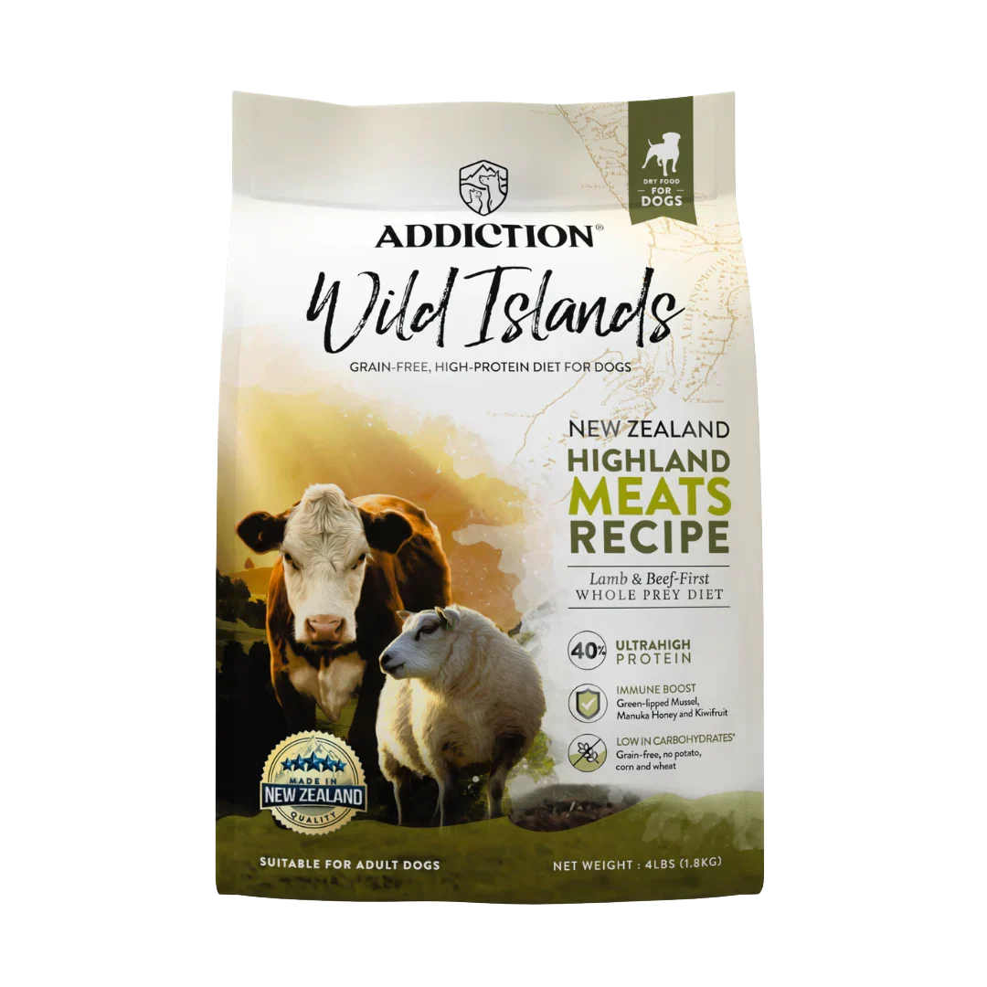 Addiction Wild Islands dog food package with a cow and sheep on a white background