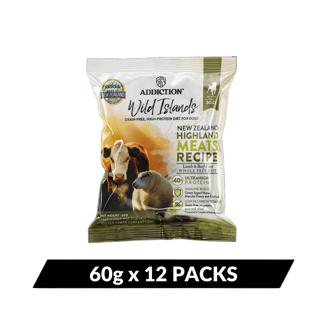 Package of Addiction Wild Islands New Zealand Highland Meats Recipe dog food on a white background