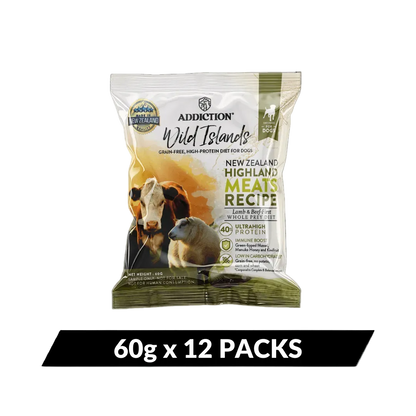 Package of Addiction Wild Islands New Zealand Highland Meats Recipe dog food on a white background