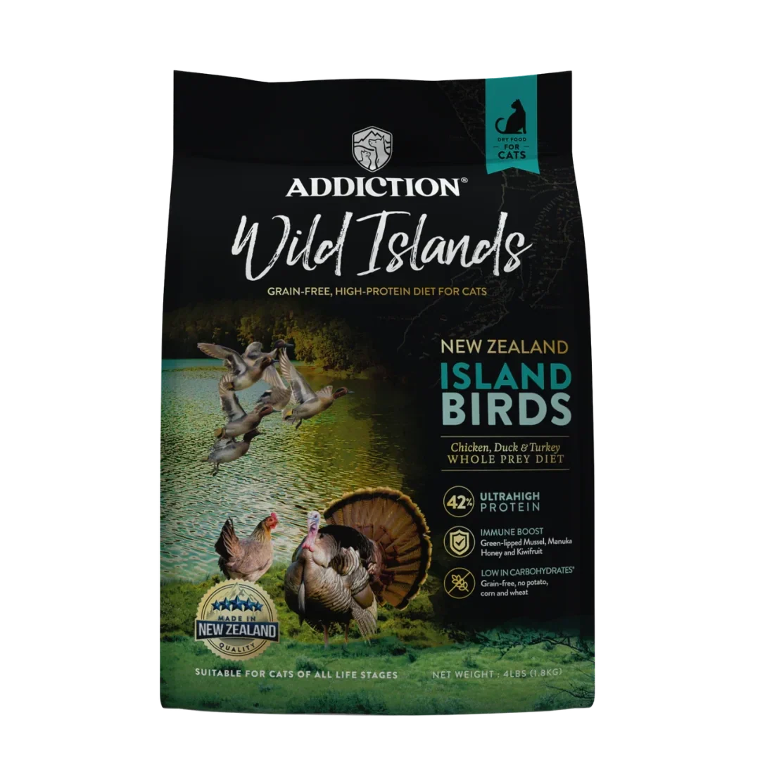 Addiction Wild Islands cat food package with New Zealand Island Birds on a white background