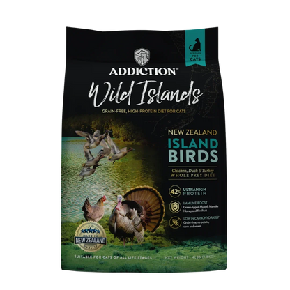 Addiction Wild Islands cat food package with New Zealand Island Birds on a white background