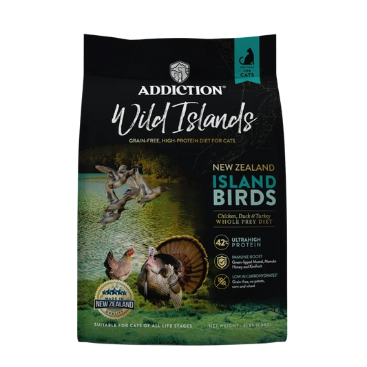 Addiction Wild Islands cat food package with New Zealand Island Birds on a white background